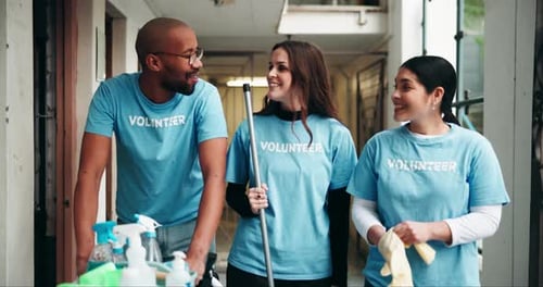 Charity, cleaning and volunteer people with talking in building for community service