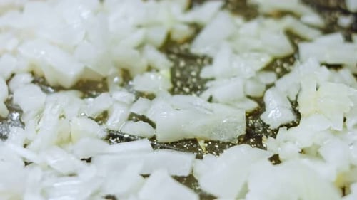 Diced Onions Sautéed in a Pan, Close Up