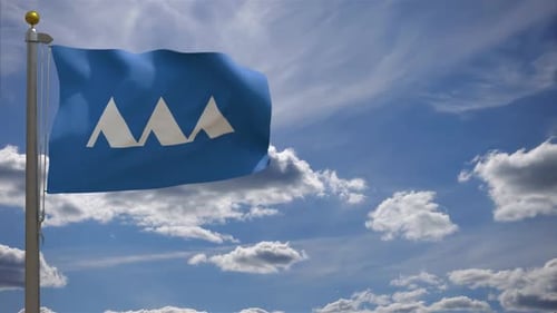 Blue Flag with Abstract Mountain Logo Waving in Clear Sky