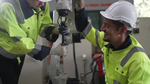 Ingenieur arbeitet in der Roboterarmfabrik.