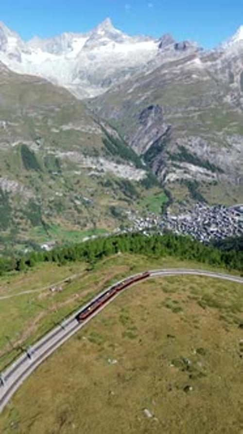 Aerial view of train in Zermatt, Switzerland.