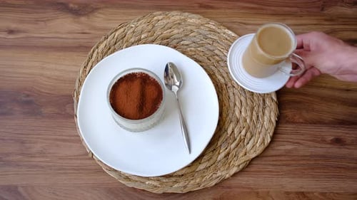Dessert and Coffee Overhead on Wooden Surface