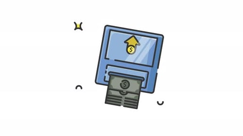 ahorrar dinero en el icono de cajero automático, animación, vídeo aislado, papel moneda y ahorro de icono de línea plana