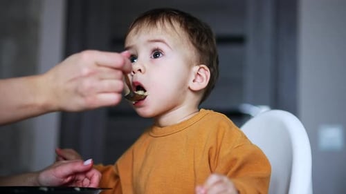Nice beautiful Caucasian boy eating from spoon. Good child having lunch at home. Close up.