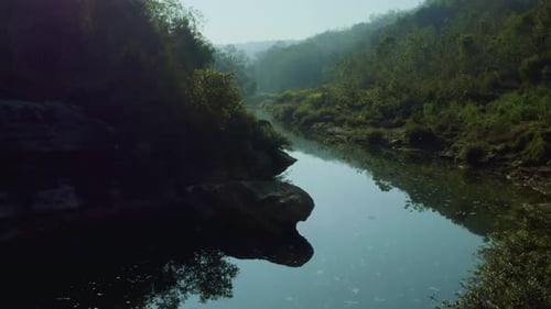 Misty forest river landscape captured from aerial drone perspective