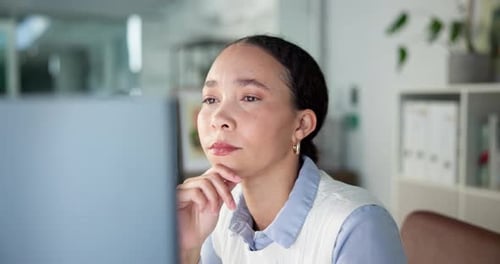 Thinking, choice or woman in office with desktop, problem solving or decision for company growth