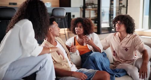 Bonding, reunion and talking with friends on sofa in coffee shop for advice or catchup