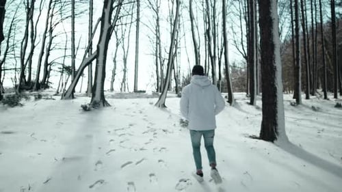 Mann geht während der Wintersaison im Berg auf dem Schnee-Naturpark