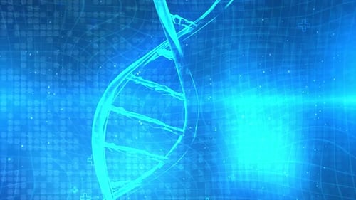Glowing blue DNA double helix structure on futuristic grid background