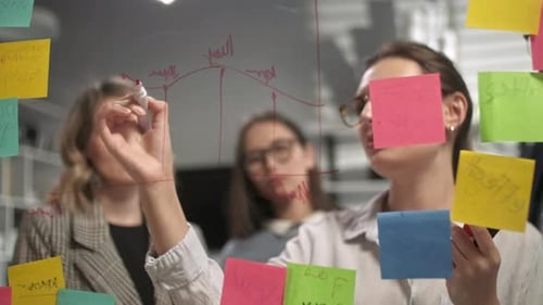Team Collaboration Brainstorming on Glass Wall in Office