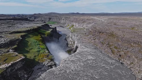 Aerial View of Dettifoss Waterfall and Volcanic Landscape in Iceland