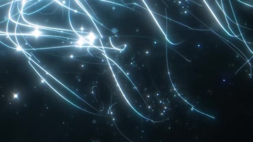 Abstract image featuring glowing light trails and particles resembling stars in a dark blue cosmic s