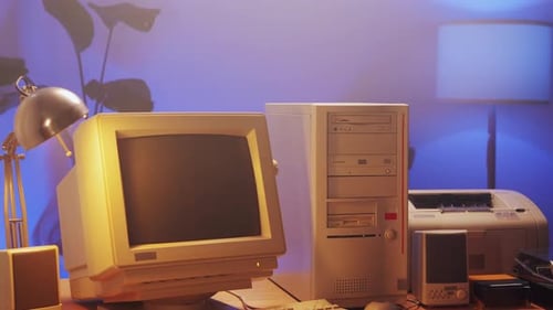 Retro-PC, Computerspiel-Desktop, Vintage-Stil, mit Ladecode, Konsole, Programmierer, der Skripte erstellt, Grün