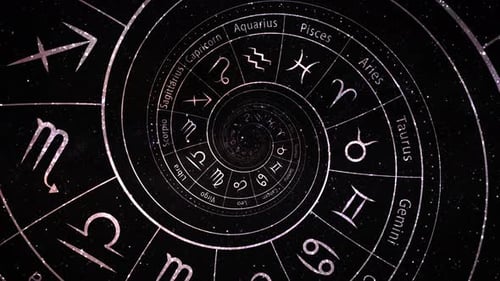 Tierkreiszeichen für Horoskop, unendlicher Zoom und Tunneleffekt auf Schwarzweiß.