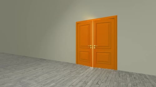 Porte orange s'ouvrant à une lumière vive dans une pièce vide