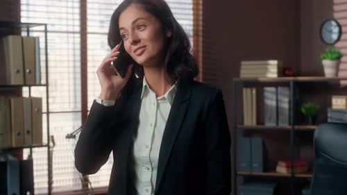 Caucasian Woman Talking Mobile Phone Smartphone Call Smiling Office Female Girl Cellphone