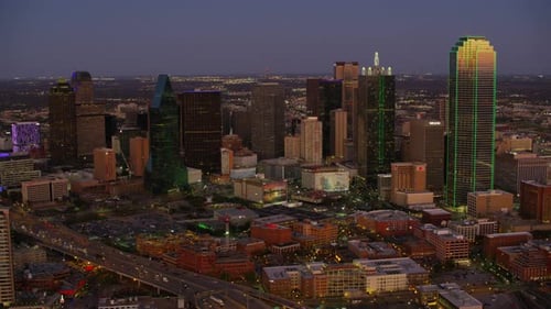 Aerial view of Dallas Texas skyline at dusk in 2017
