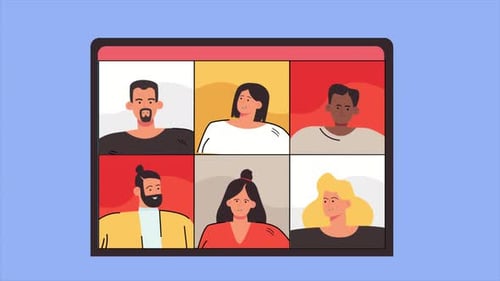 Flat Design Video Conference Call Grid Animation with Diverse People