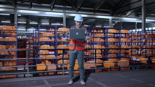 Asiatischer männlicher Ingenieur, der an einem Laptop arbeitet, während er im Lagerhaus steht