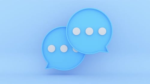 Dois balões de fala azuis aparecem horizontalmente. O processo de digitar e enviar uma mensagem. Ícones 3D.