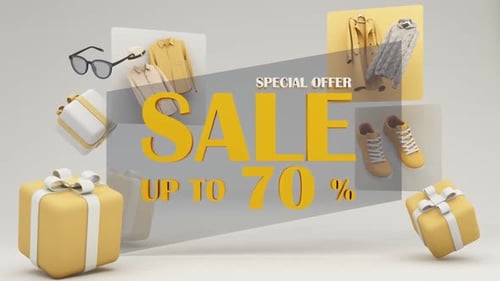 3D Animated Sale Promotion with Floating Fashion Items