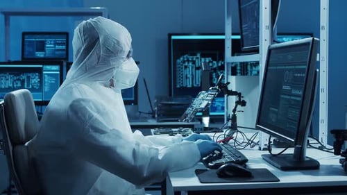 Microelectronics Engineer Works in a Modern Scientific Laboratory on Computing Systems and