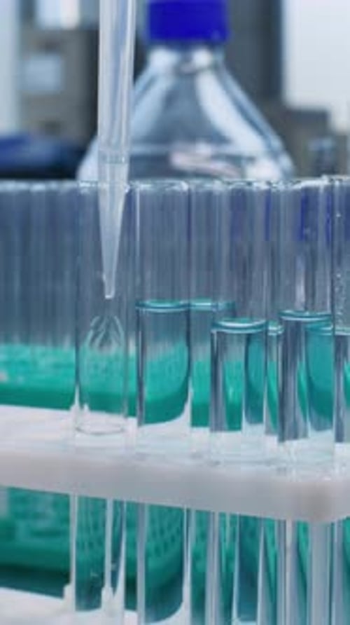 Scientist in Medical Laboratory Fills Test Tubes with Liquid of Developed Sample