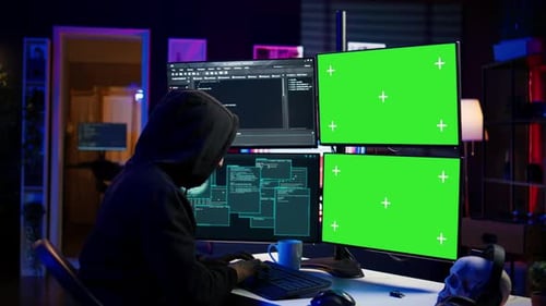 Hacker Developing Spyware Software on Green Screen Computer to Steal Data