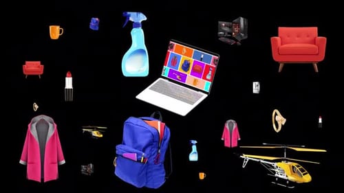 Moving animation of e-commerce products. Transparent background and loop video.
