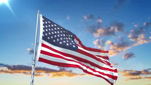 Realistic Waving American Flag Against Blue Sky Background