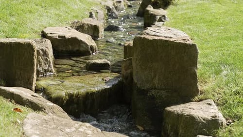 A clear stream flows gently over a small step, nestled between stones.