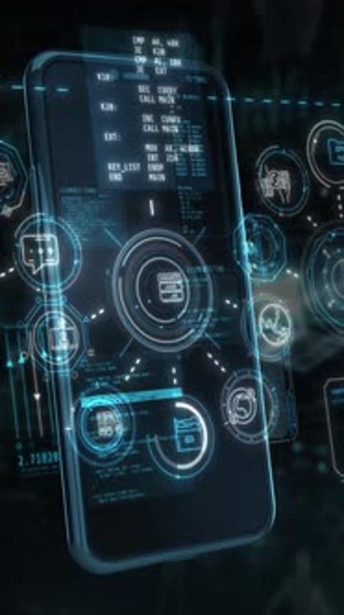 Interface futuriste avec analyse des données et activités commerciales