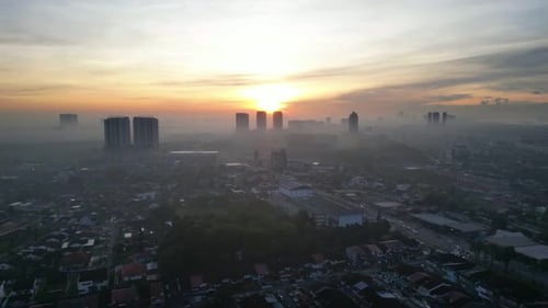 Larkin skyline with a large building in the middle. Aerial misty view