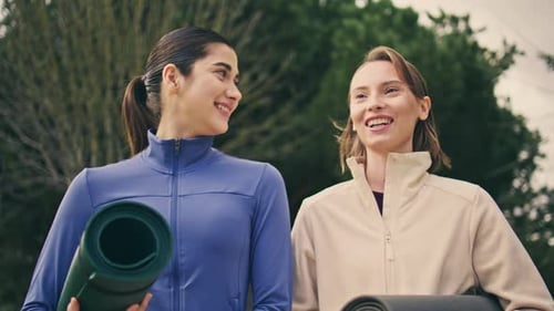 Smiling Sport Women Speaking Together Walking at Park Excited Ladies Crossing