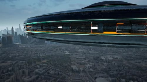 Riesige fliegende UFO-Untertasse schwebt über einer futuristischen Stadtsilhouette mit Wolkenkratzern