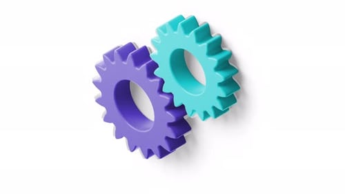 Duas engrenagens coloridas entrelaçadas em um fundo branco, simbolizando trabalho em equipe e conexão