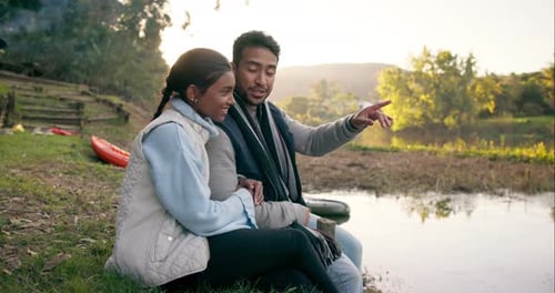 Camping, love and couple by lake on mountain for bonding, quality time and relax in nature