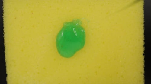 Eu pingo detergente em uma esponja amarela, vista de cima. Dolly slider extremo de perto por dentro. Sonda Laowa