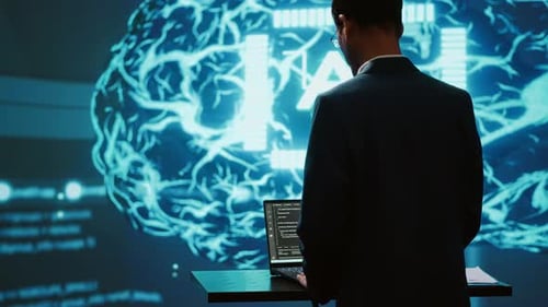 Man Coding with AI Brain Displayed Behind