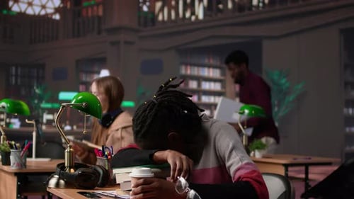 African American Student Falling Asleep on Books Pile in the Campus Library