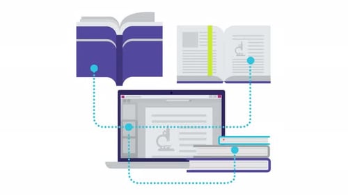 Animated Flat Design Connecting Books and Laptop for E-Learning