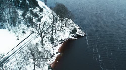 Aerial Winter View of Snowy Lakeshore Conveying Serenity and Stillness