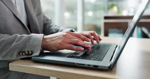Hands typing, laptop and keyboard at desk, email communication or data analytics in writing process