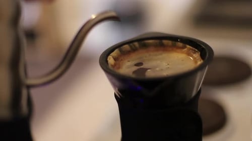 Close up shot of at home coffee making, brewing filter coffee at home