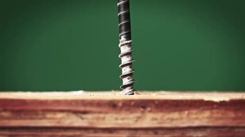 The Screw is Screwed Into the Wood Board with a Screwdriver Extreme Macro