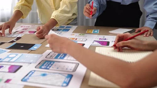 Panorama video of startup company employee plann on user interface. Synergic