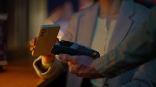 Closeup Woman Making Payment Cafeteria Service Using Mobile Phone Lady Paying