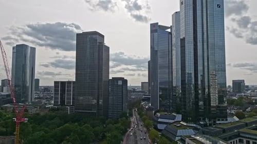 Aerial Drone View of Frankfurt’s Financial District with Modern Skyscrapers
