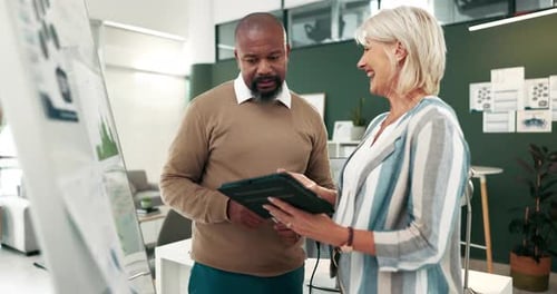 Tablet, man and woman shaking hands in office with agreement, b2b collaboration and onboarding