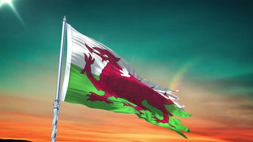 Wales Flag Waving Realistic With Sky